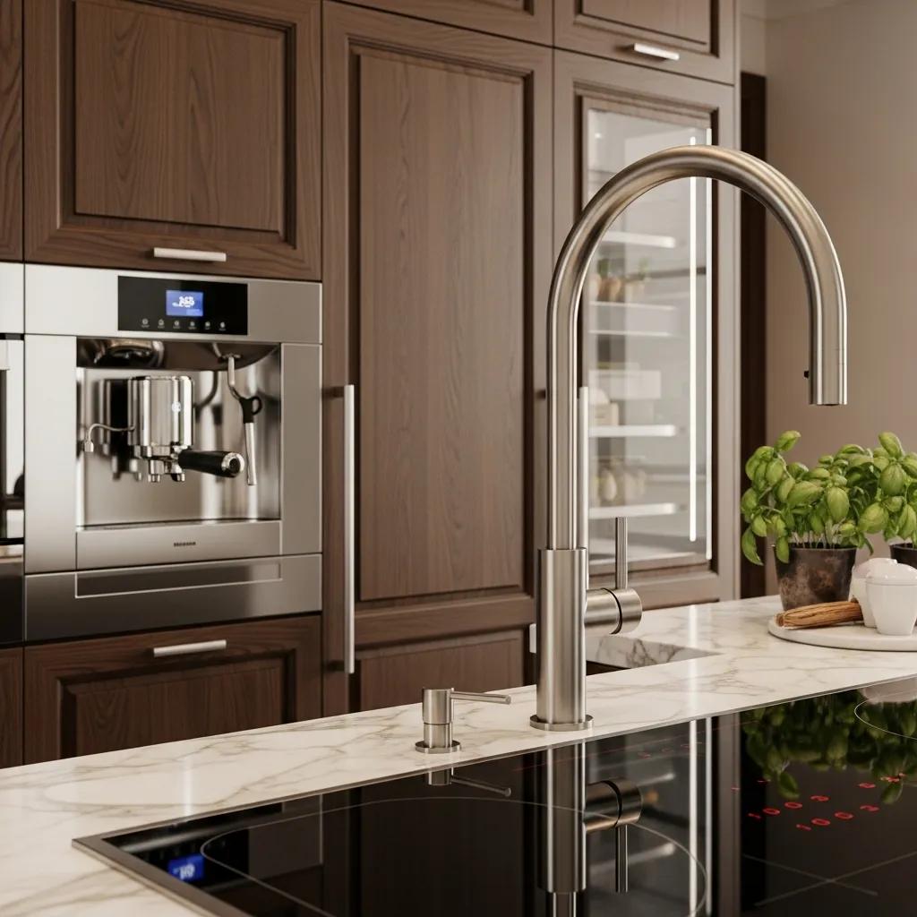 Designer faucets and premium appliances installed in a bespoke kitchen