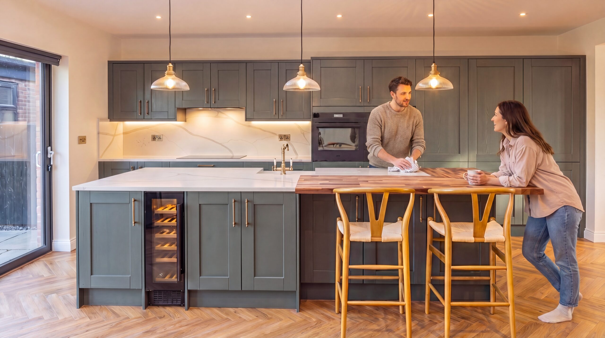 Bespoke kitchen design with custom cabinetry and luxury fittings, featuring a couple in a Colourhill kitchen.