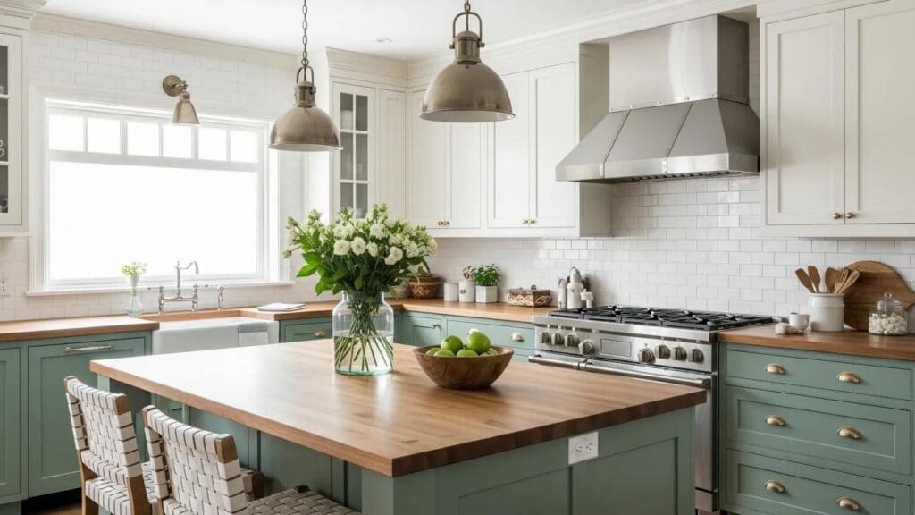 Complementary color schemes in a sage green kitchen with white accents and natural wood tones