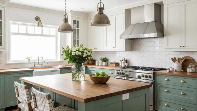 Complementary color schemes in a sage green kitchen with white accents and natural wood tones
