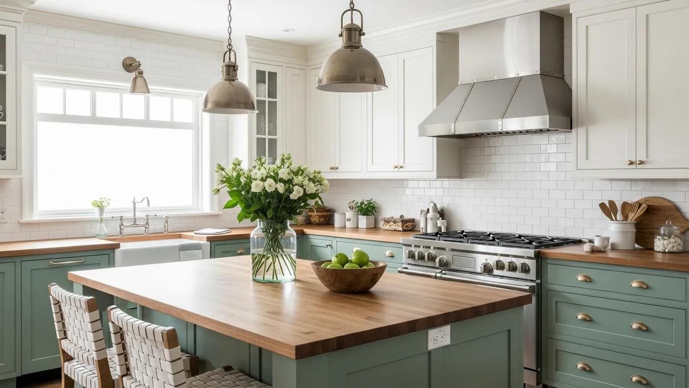 Complementary color schemes in a sage green kitchen with white accents and natural wood tones
