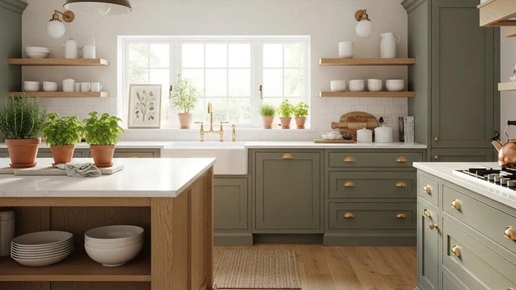 Stylish sage green kitchen with natural wood accents and bright white countertops, showcasing bespoke kitchen design.
