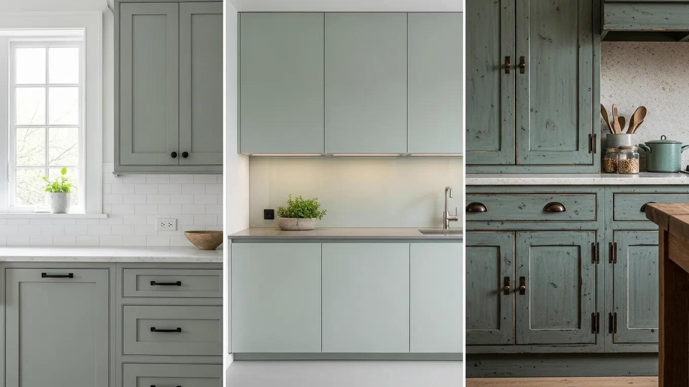 Variety of sage green kitchen cabinet styles including Shaker, modern, and rustic finishes