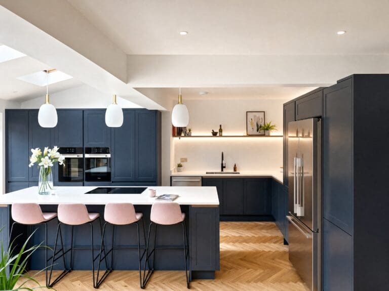 Navy L-shape with island kitchen by Colourhill