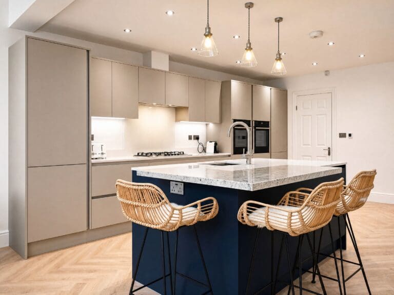 Cashmere and navy island kitchen by Colourhill