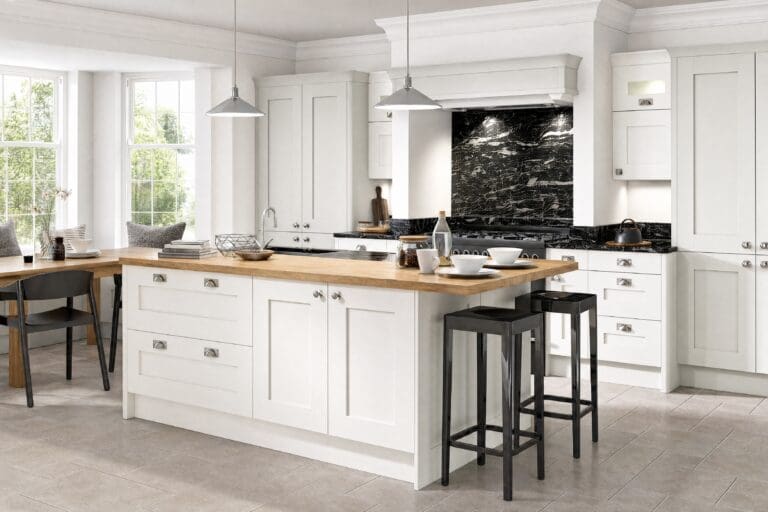 White shaker, oak worktops kitchen by Colourhill