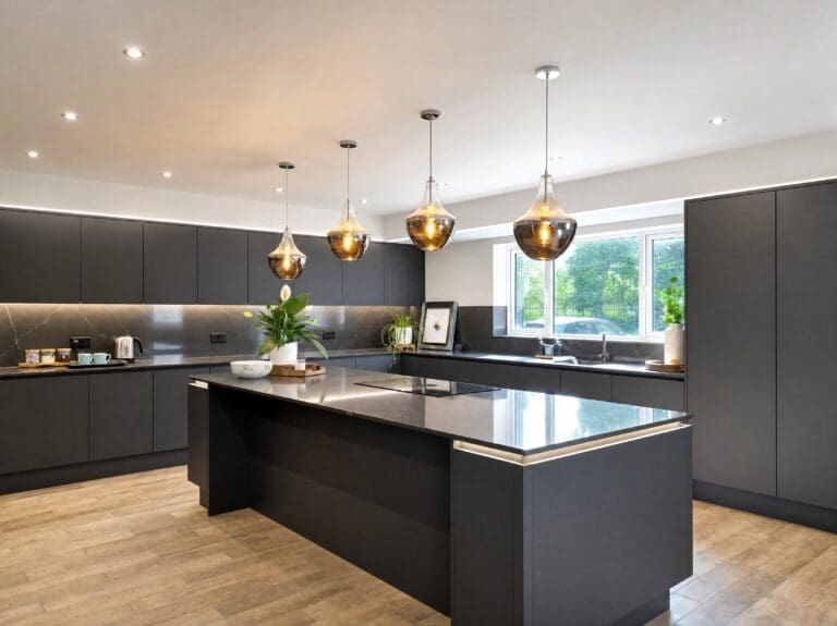Graphite island, copper pendants kitchen by Colourhill