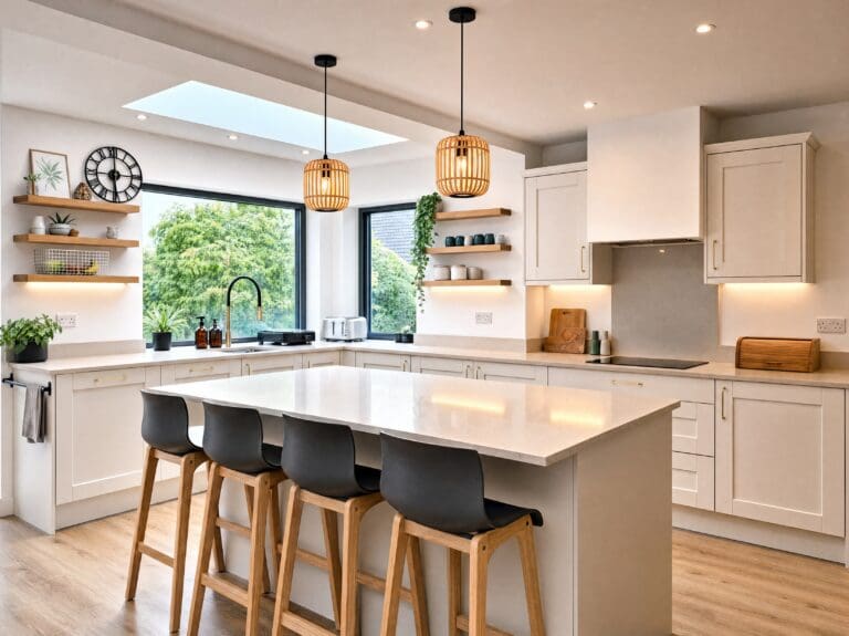 Cream shaker, island seating kitchen by Colourhill