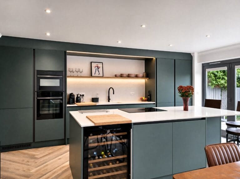 Sage handleless, wine cooler kitchen by Colourhill