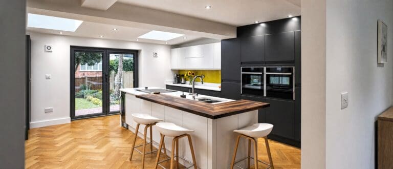 White and graphite island kitchen by Colourhill