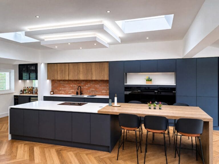 Navy and oak island kitchen by Colourhill