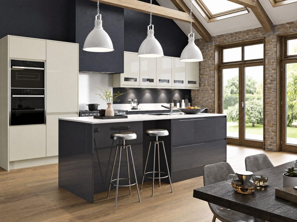 Colourhill graphite island kitchen with oak beams