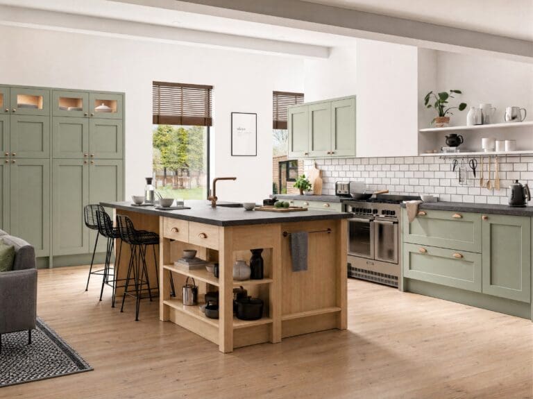 Sage shaker, oak island kitchen by Colourhill